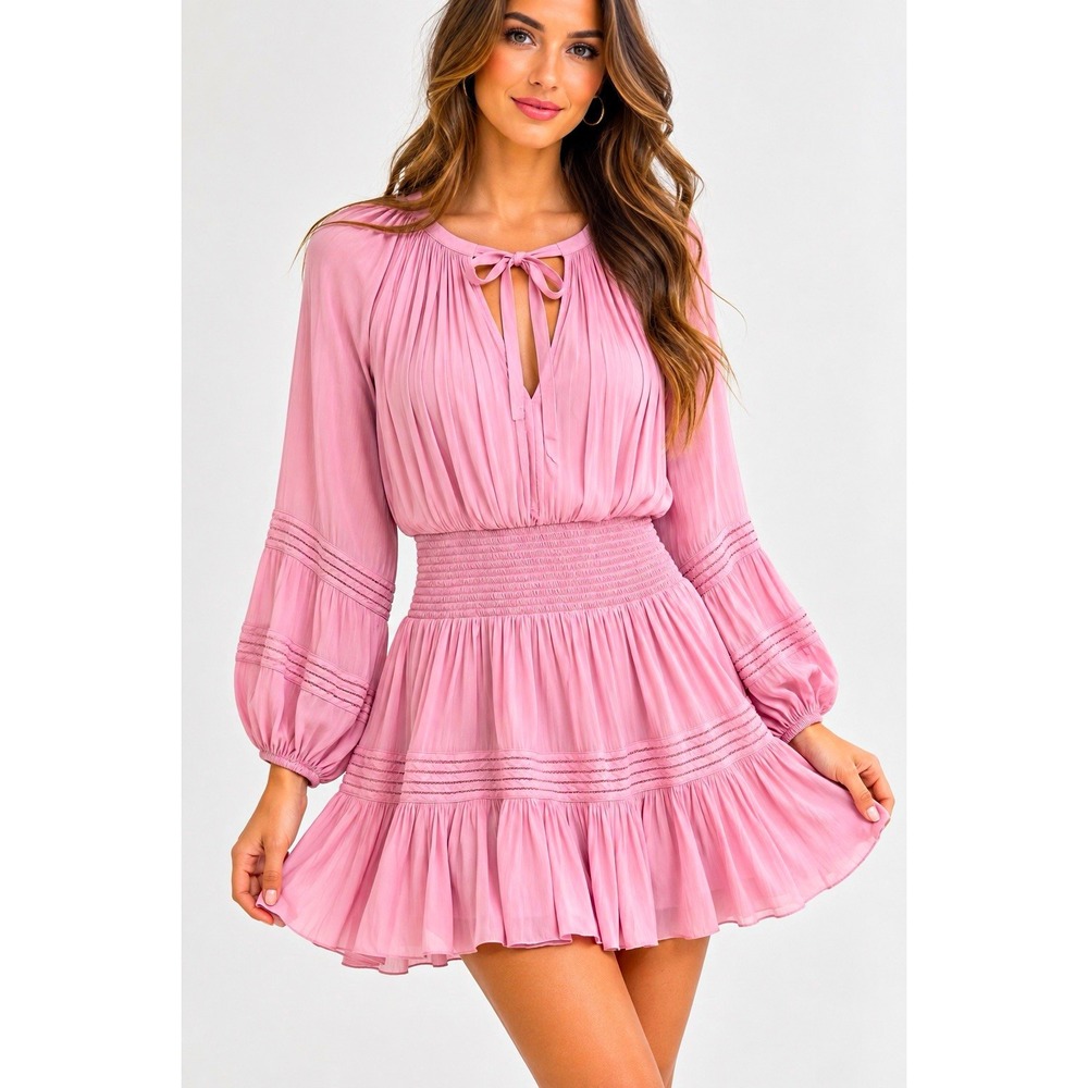Ramy Brook Women’s Pink Silk Chiffon Smocked Waist Balloon Sleeve Mini Dress M